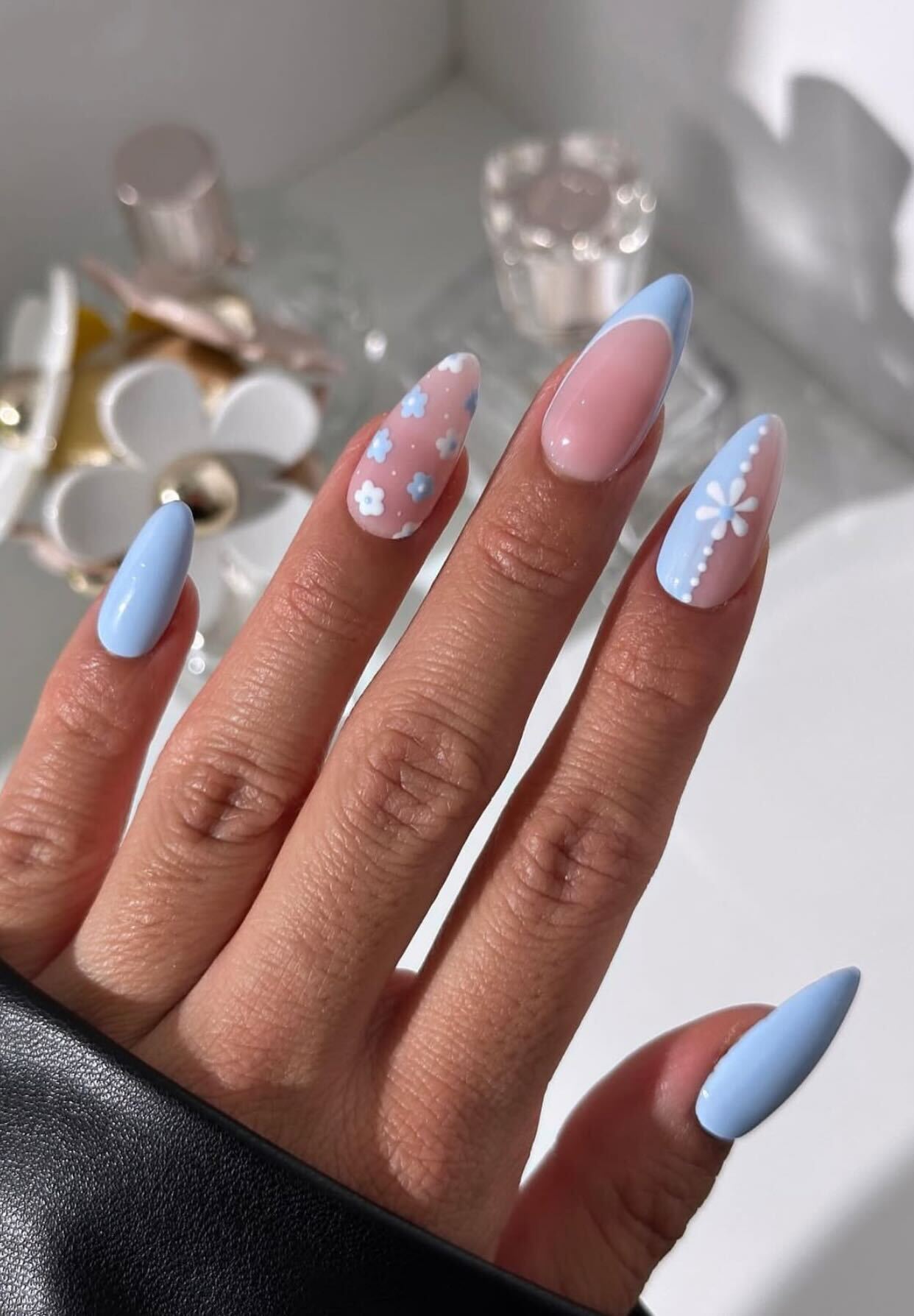 Baby Blue French Tips with Floral Art Baby Blue French Tips with Floral Art — Cute Nails