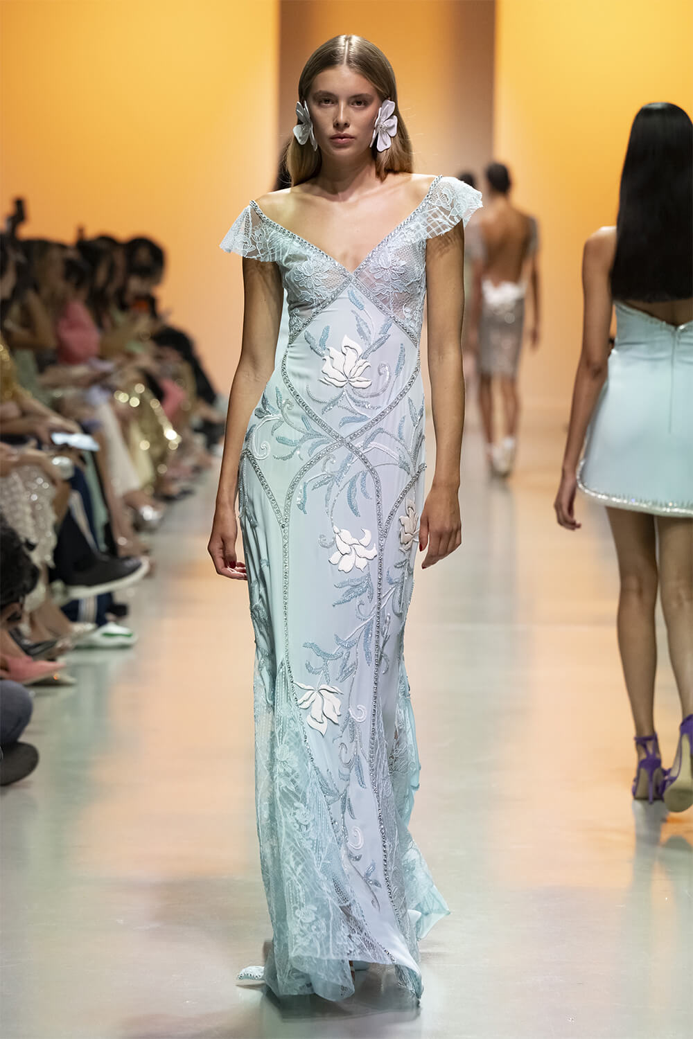 Light Blue Embellished Gown with Off-the-Shoulder Neckline — Formal Outfits