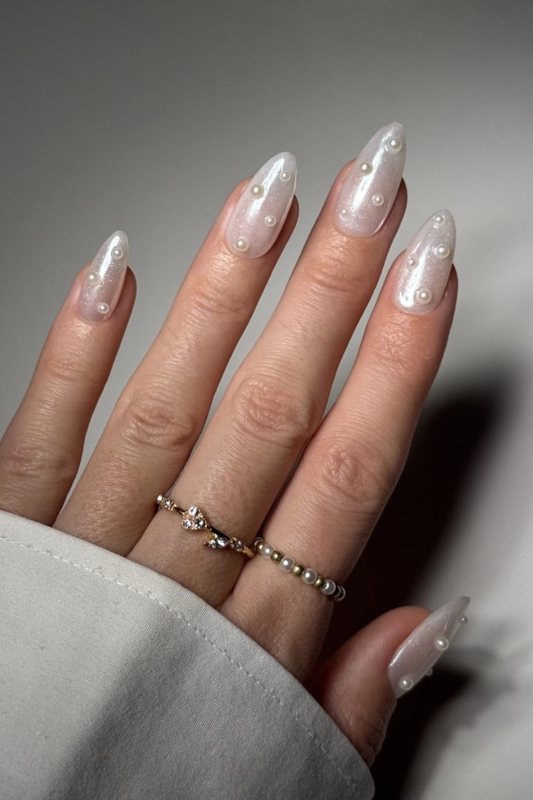 Sheer White Glitter Pearl Stilettos — Bridesmaid Nails