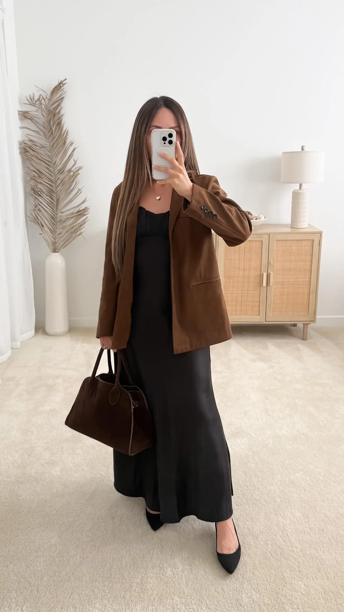Black Satin Slip Dress with Brown Blazer for a Chic Dinner Black Satin Slip Dress with Brown Blazer for a Chic Dinner — Dinner Outfits