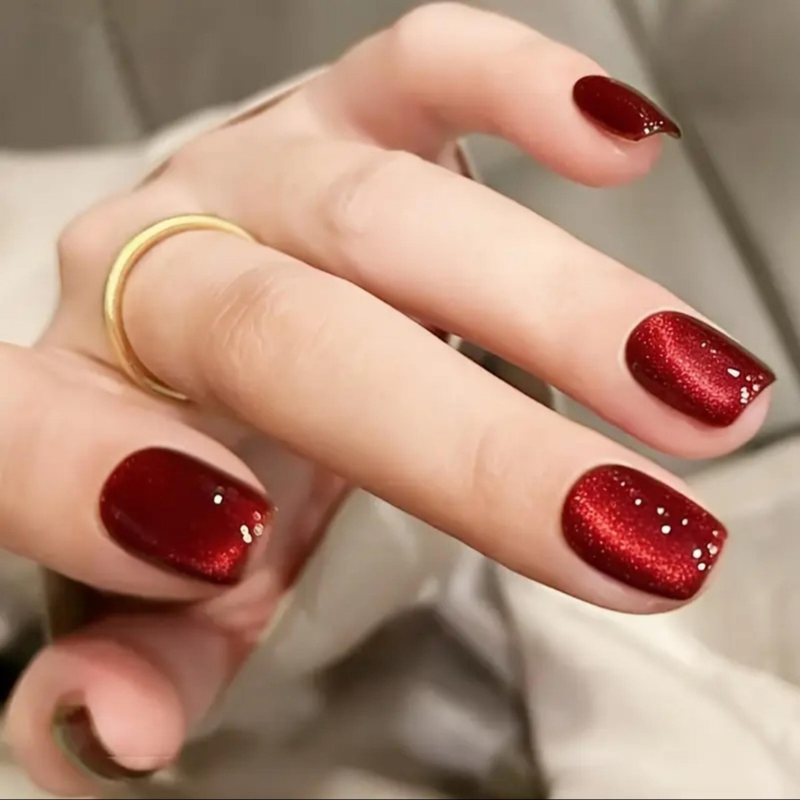 Deep Red Cat Eye with Rhinestones — Classy Short Nails