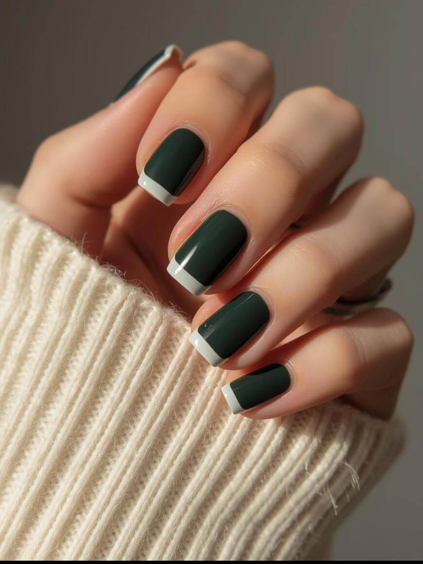 Modern White Line French Short Squares Modern White Line French Short Squares — Dark Green Nails