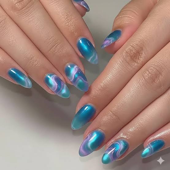 Iridescent Blue Teal Purple Swirl Nails Iridescent Blue Teal Purple Swirl Nails — Ocean Nails