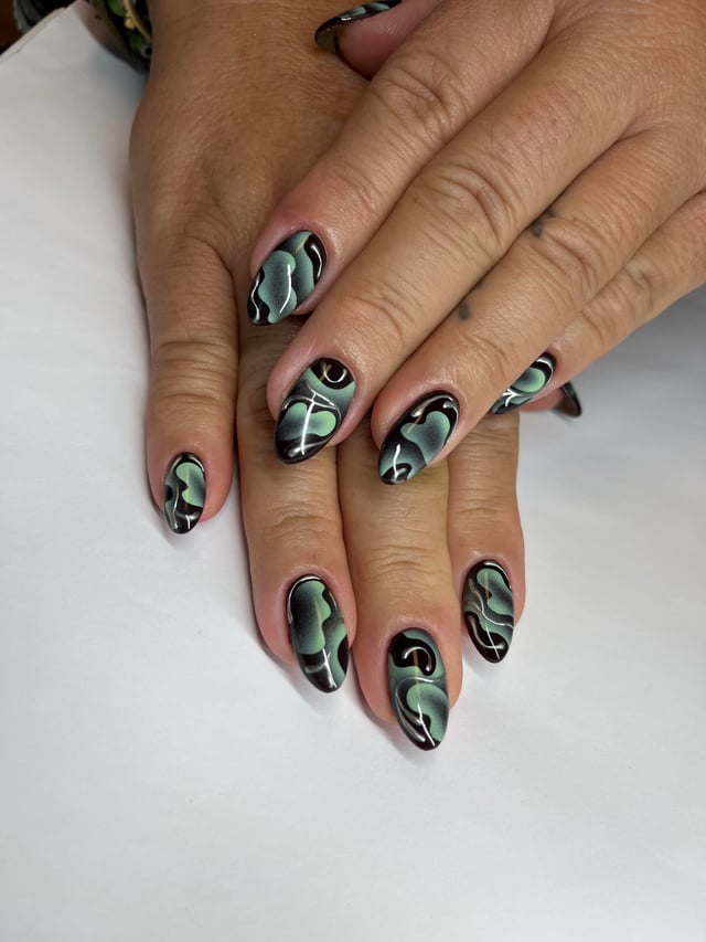 Deep Green and Black Abstract Swirls — Airbrush Nails