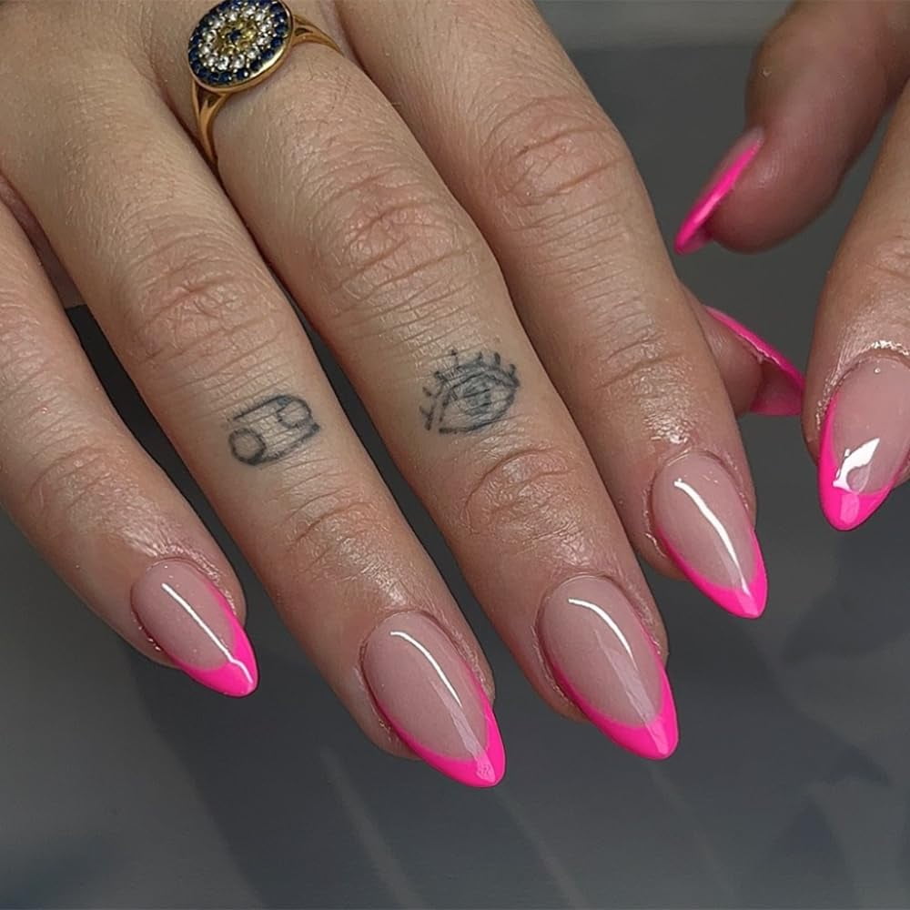 Hot Pink Almond French Tip Nails