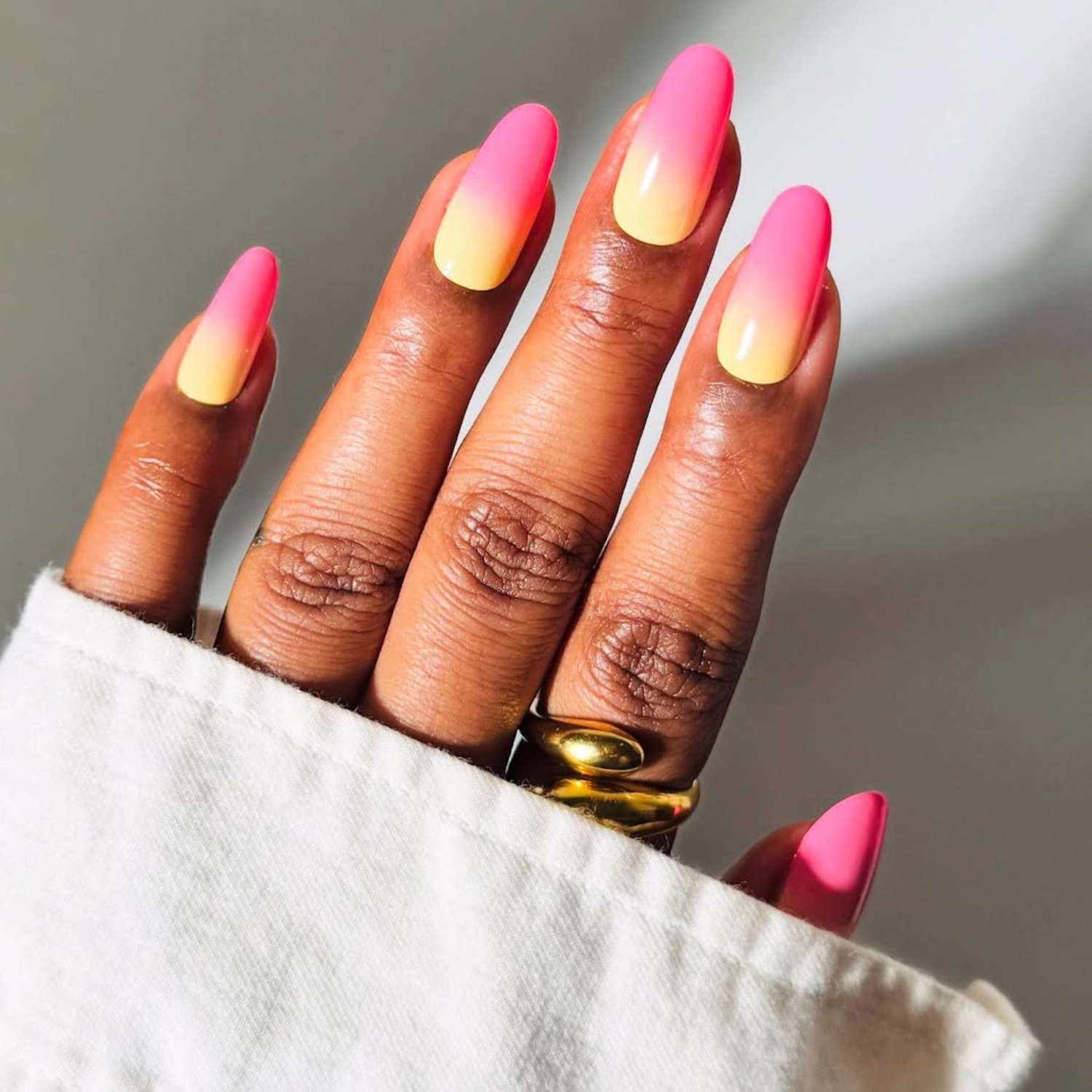 Hot Pink to Yellow Ombre Almonds — Builder Gel Nails