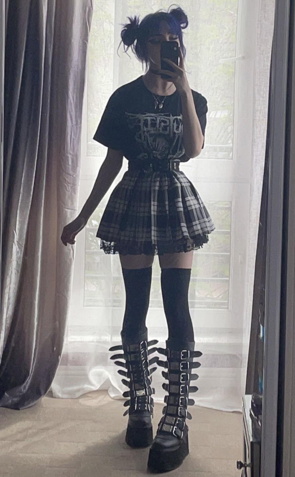 Graphic Tee and Plaid Mini Skirt with Thigh-High Socks — Alt Outfits