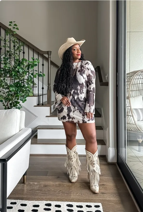 Cow Print Mini Dress with Fringed Cowboy Boots — Rodeo Outfits
