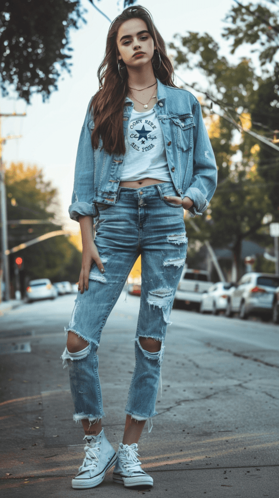 Distressed Denim Jacket and Jeans with Graphic T-shirt — School Outfits