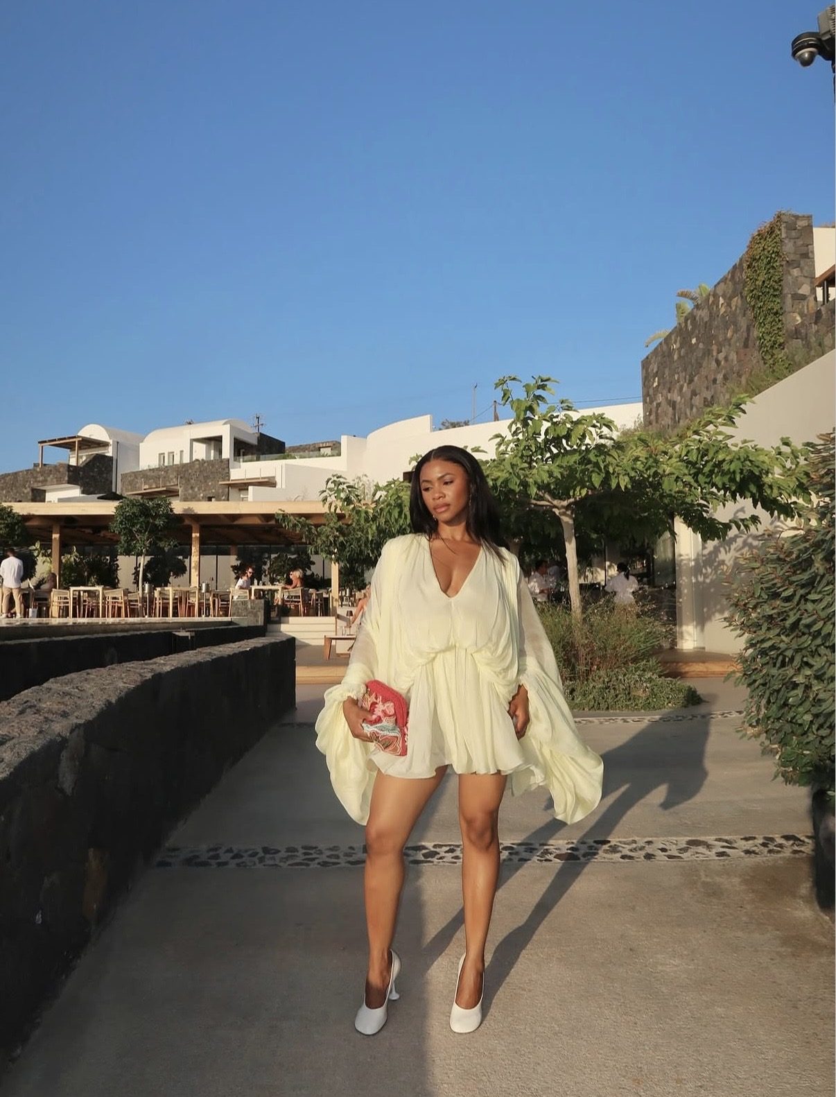 Pale Yellow Draped Mini Dress with Voluminous Sleeves for Summer Party — Party Outfits