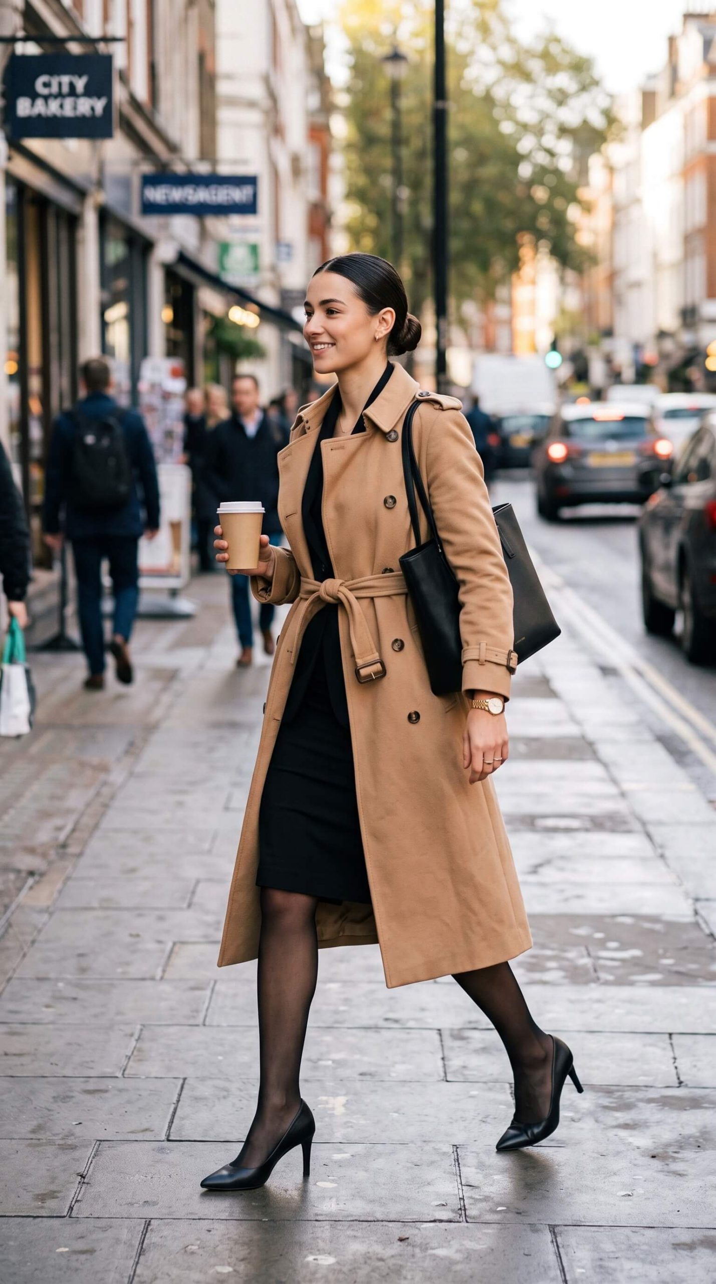 Classic Camel Trench Over a Fitted Black Dress Classic Camel Trench Over a Fitted Black Dress — Office Siren Outfits