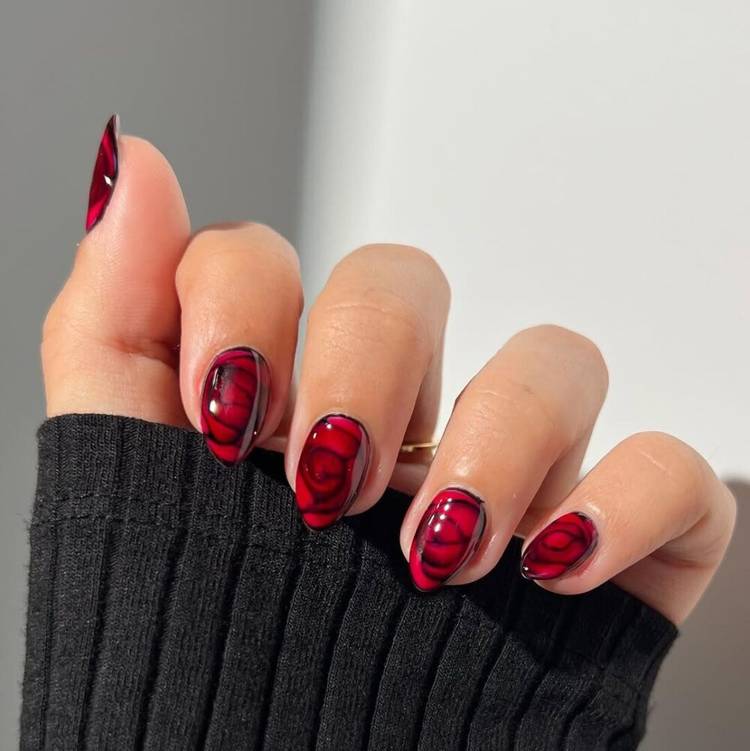 Abstract Red Swirl Design Visual Idea Abstract Red Swirl Design Visual Idea — Almond Nails