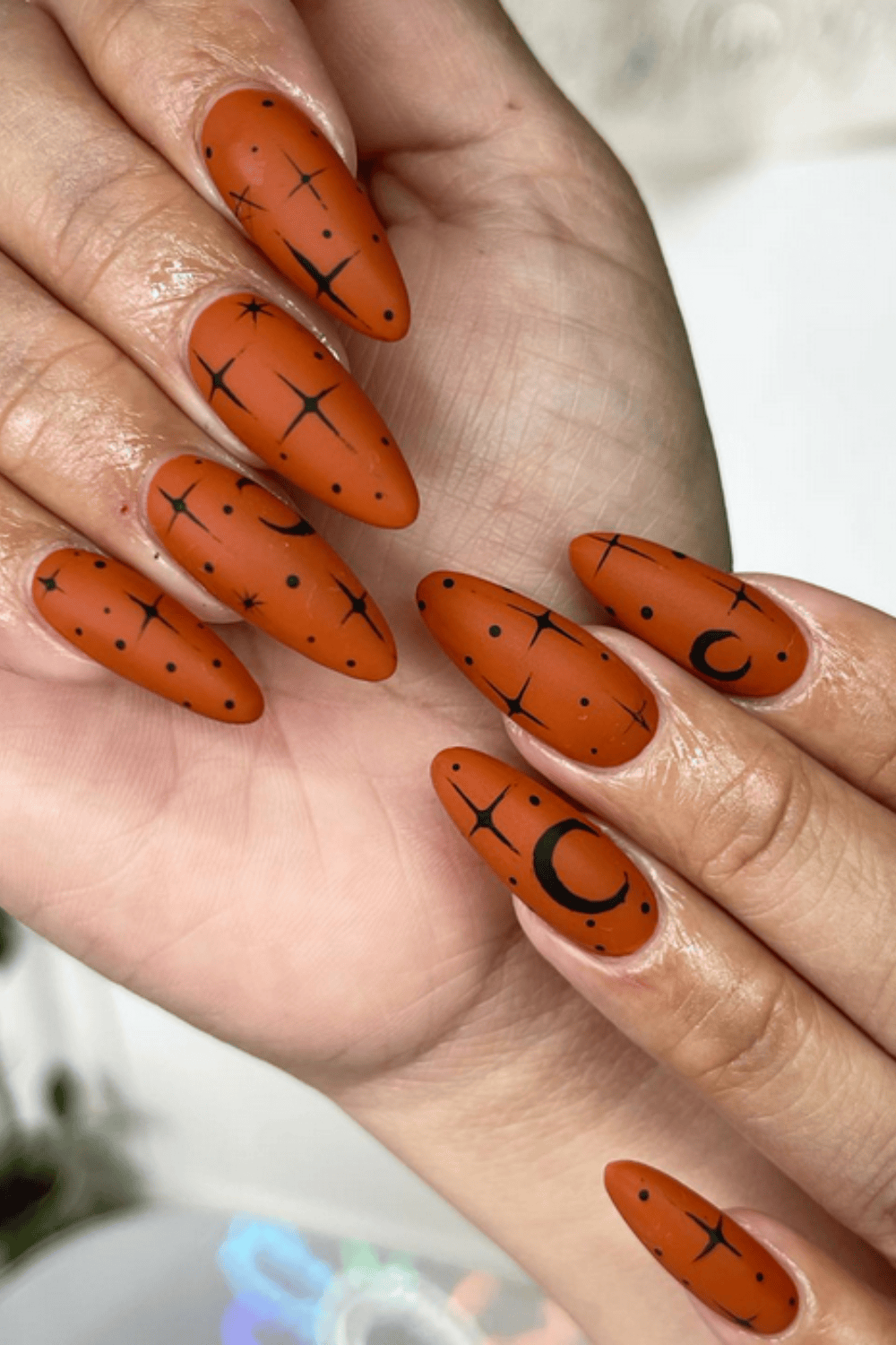 Burnt Orange Celestial Matte Almonds — Matte Nails