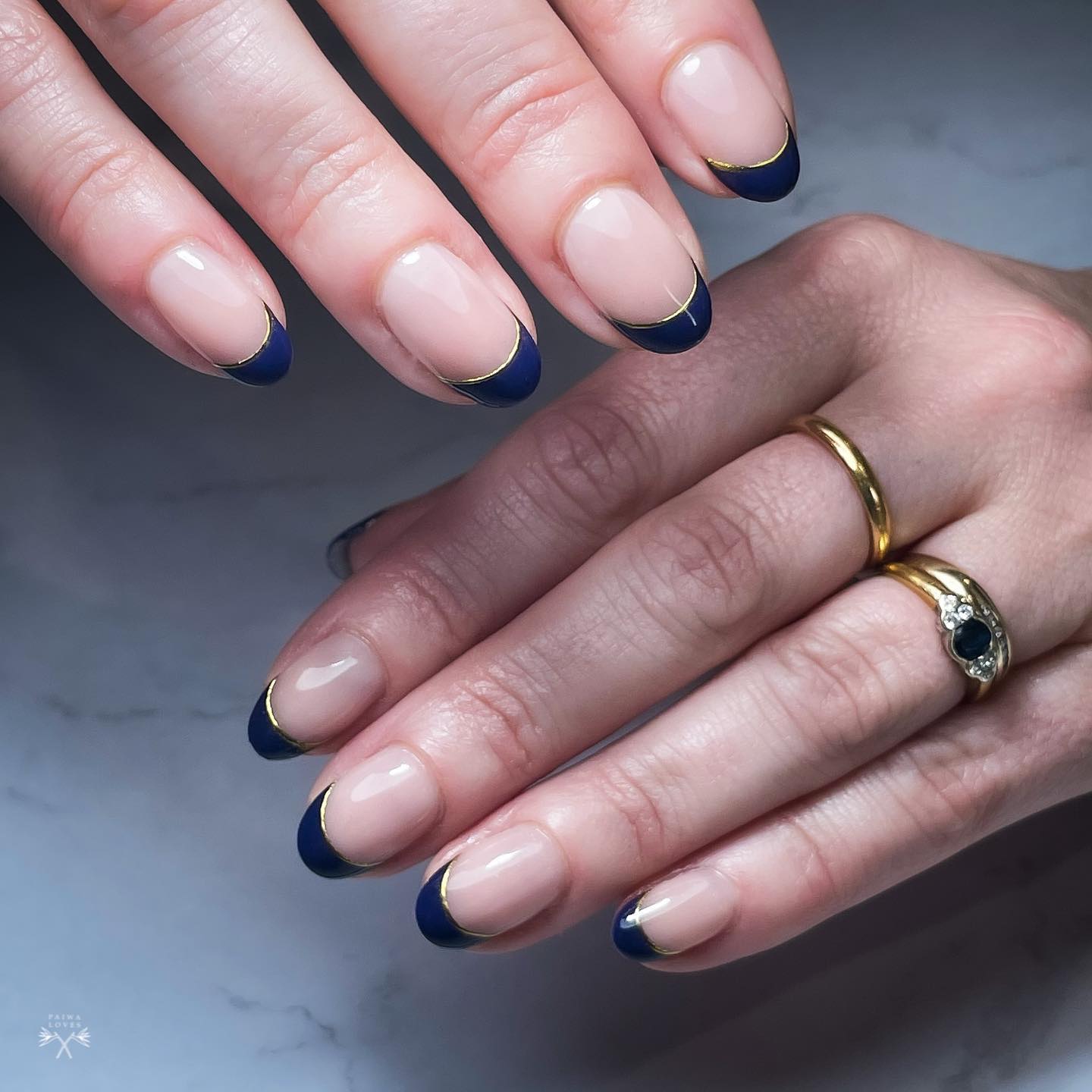 Navy French Almond Nails with Gold Line Accent — Blue French Tip Nails