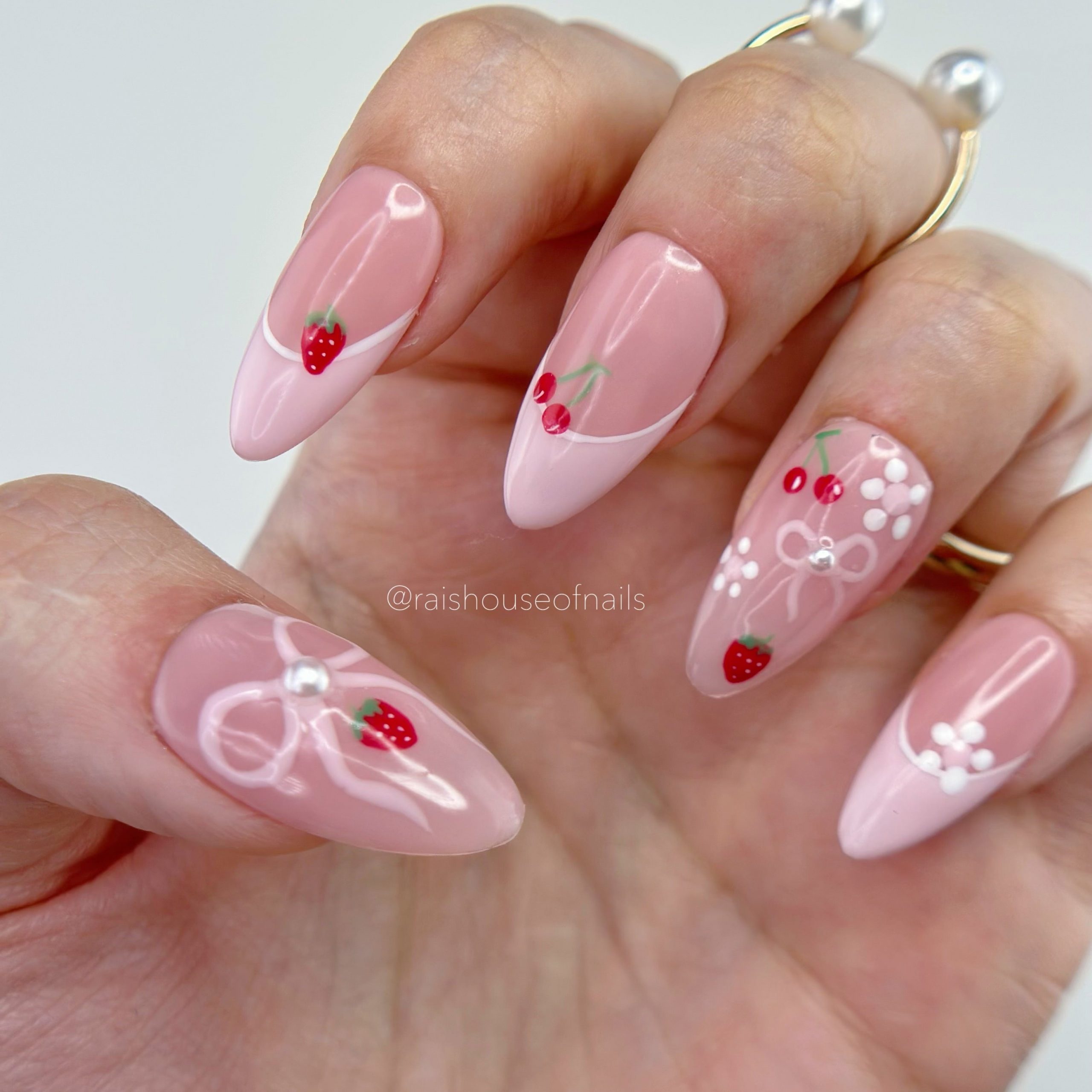 Strawberry Bow Almond Nails — Strawberry Nails