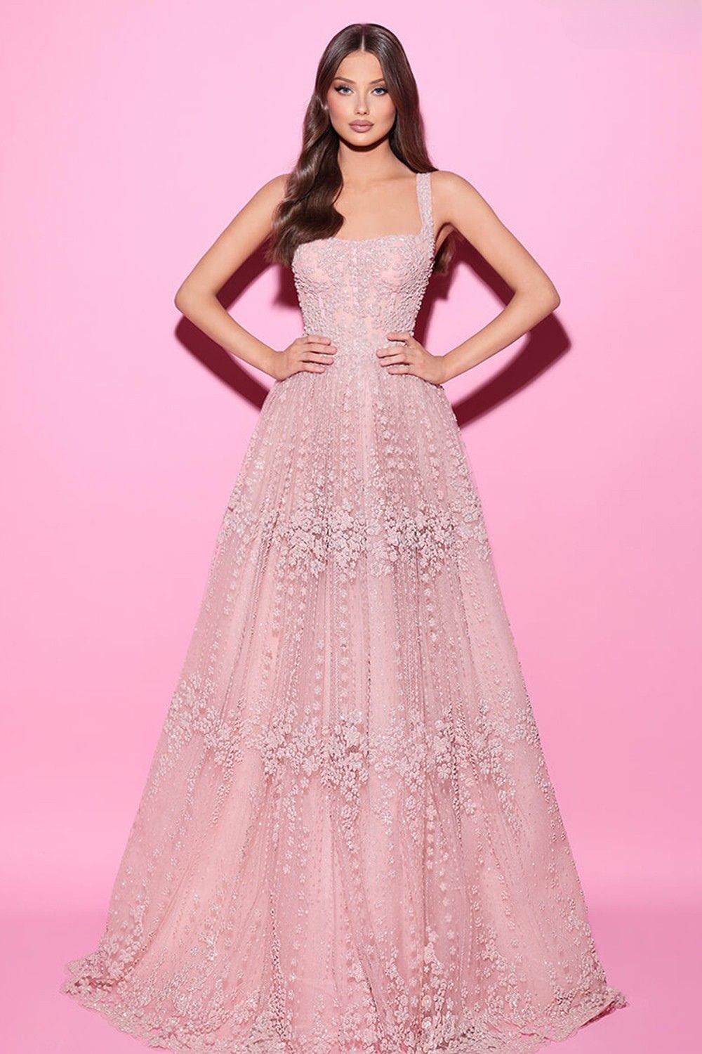 Pale Pink Lace A-Line Gown for Evening Elegance — Formal Outfits
