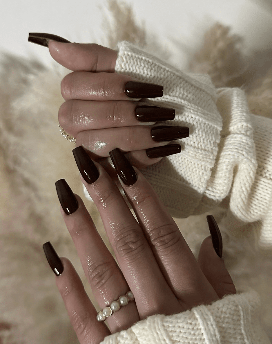 Deep Glossy Brown Long Coffin Nails