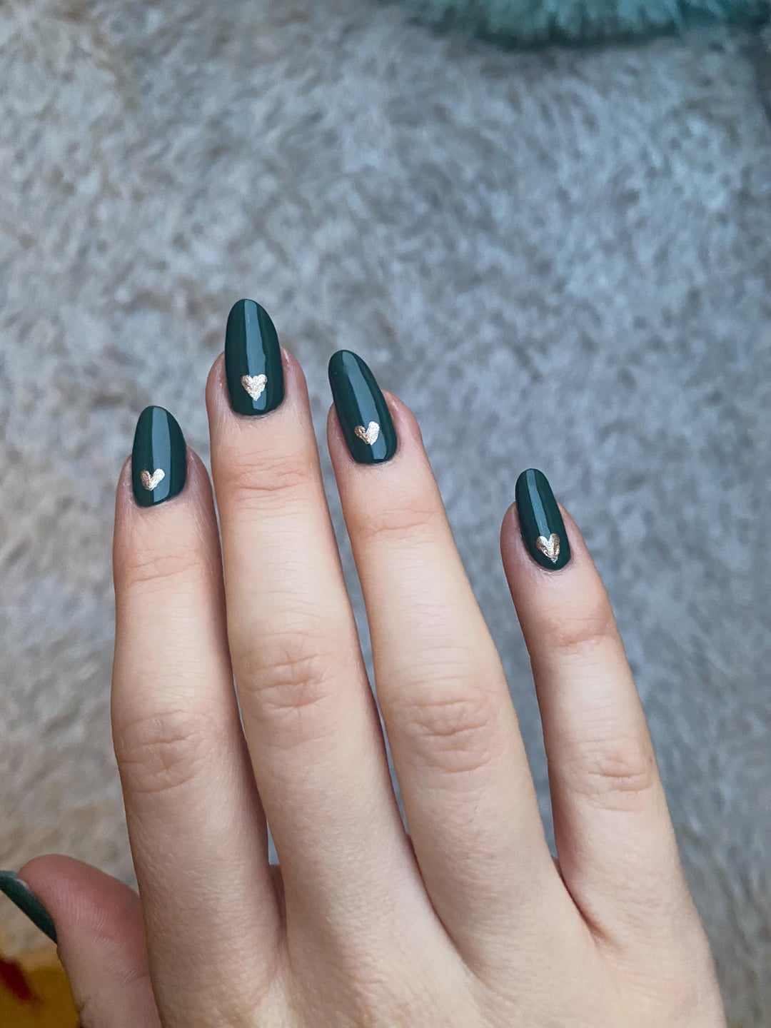 Glossy Dark Green with Gold Heart Accents Glossy Dark Green with Gold Heart Accents — Dark Green Nails