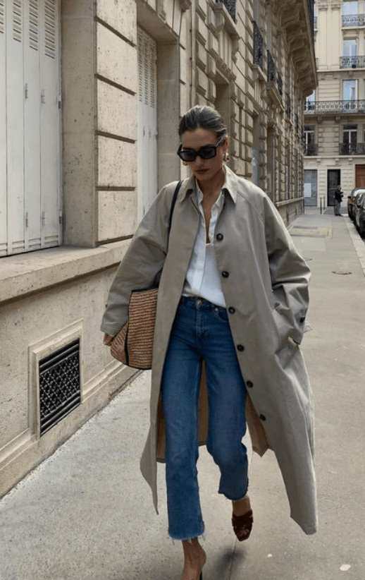 Classic Trench Coat Ensemble: Denim and Button-Up — French Girl Outfits