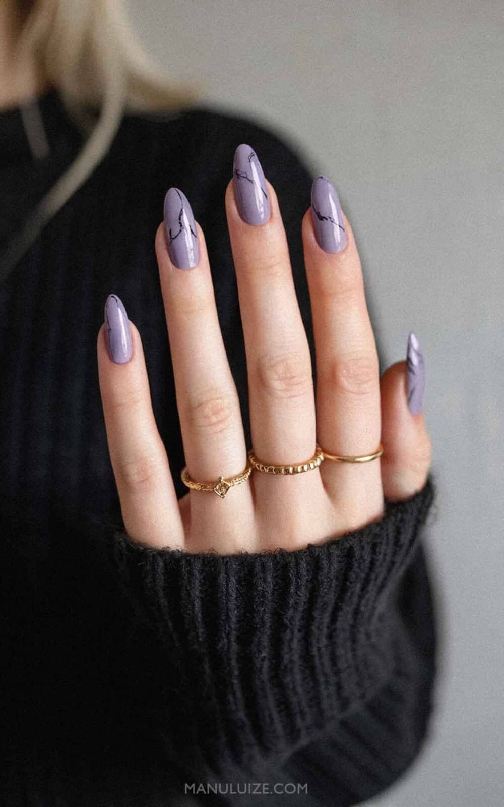 Muted Lavender Black Marble Lines Almond Nails Muted Lavender Black Marble Lines Almond Nails — Purple Nails
