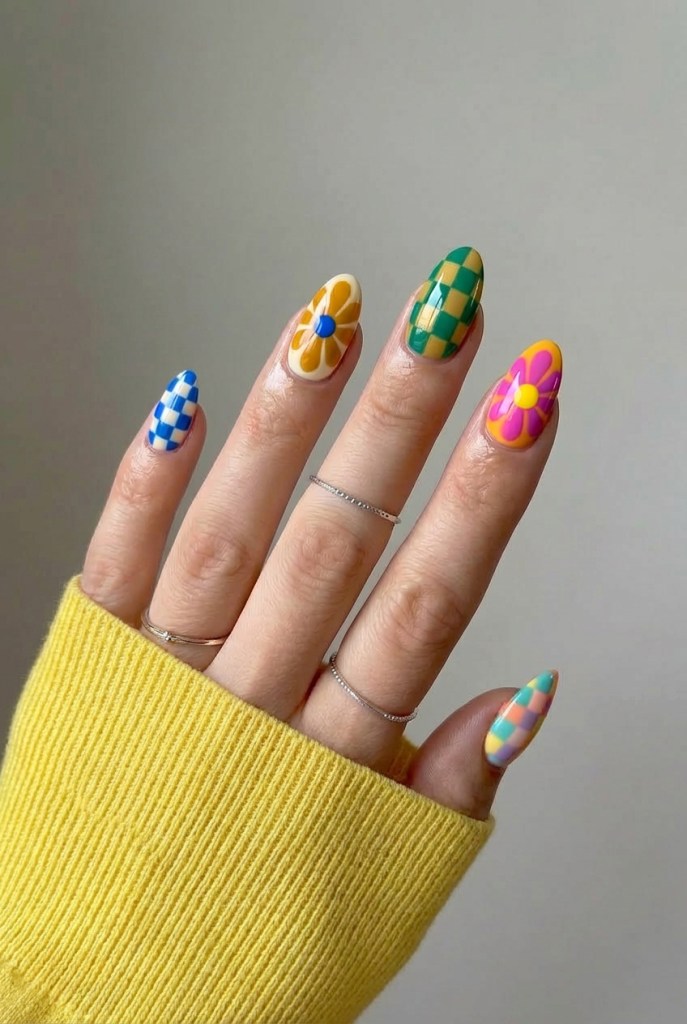 Checkerboard and Floral Motifs — Mismatched Nails