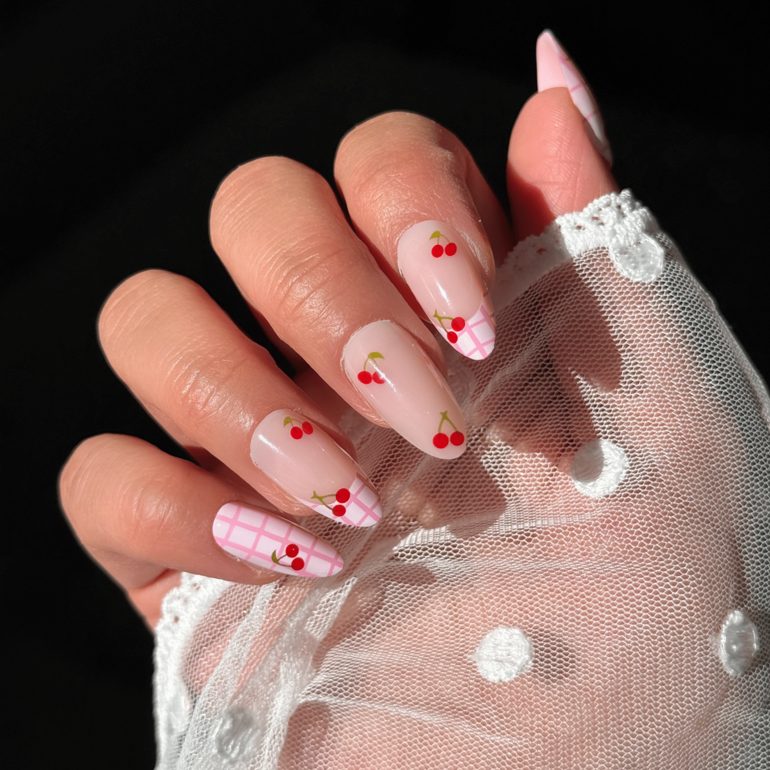 Medium Stiletto Pink Base With Checkers and Cherries Medium Stiletto Pink Base With Checkers and Cherries — Cherry Nails