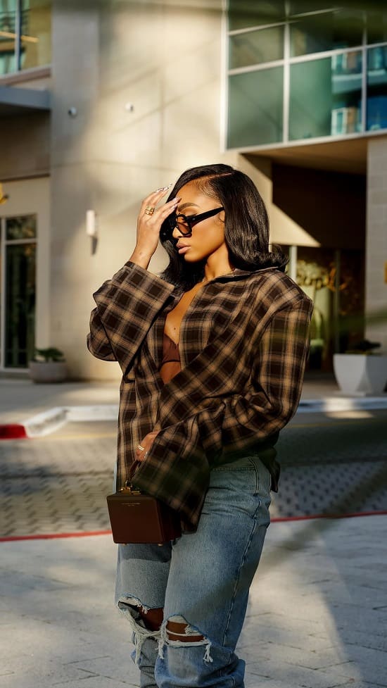 Oversized Plaid Shirt with Bralette and Distressed Jeans — Postpartum Outfits