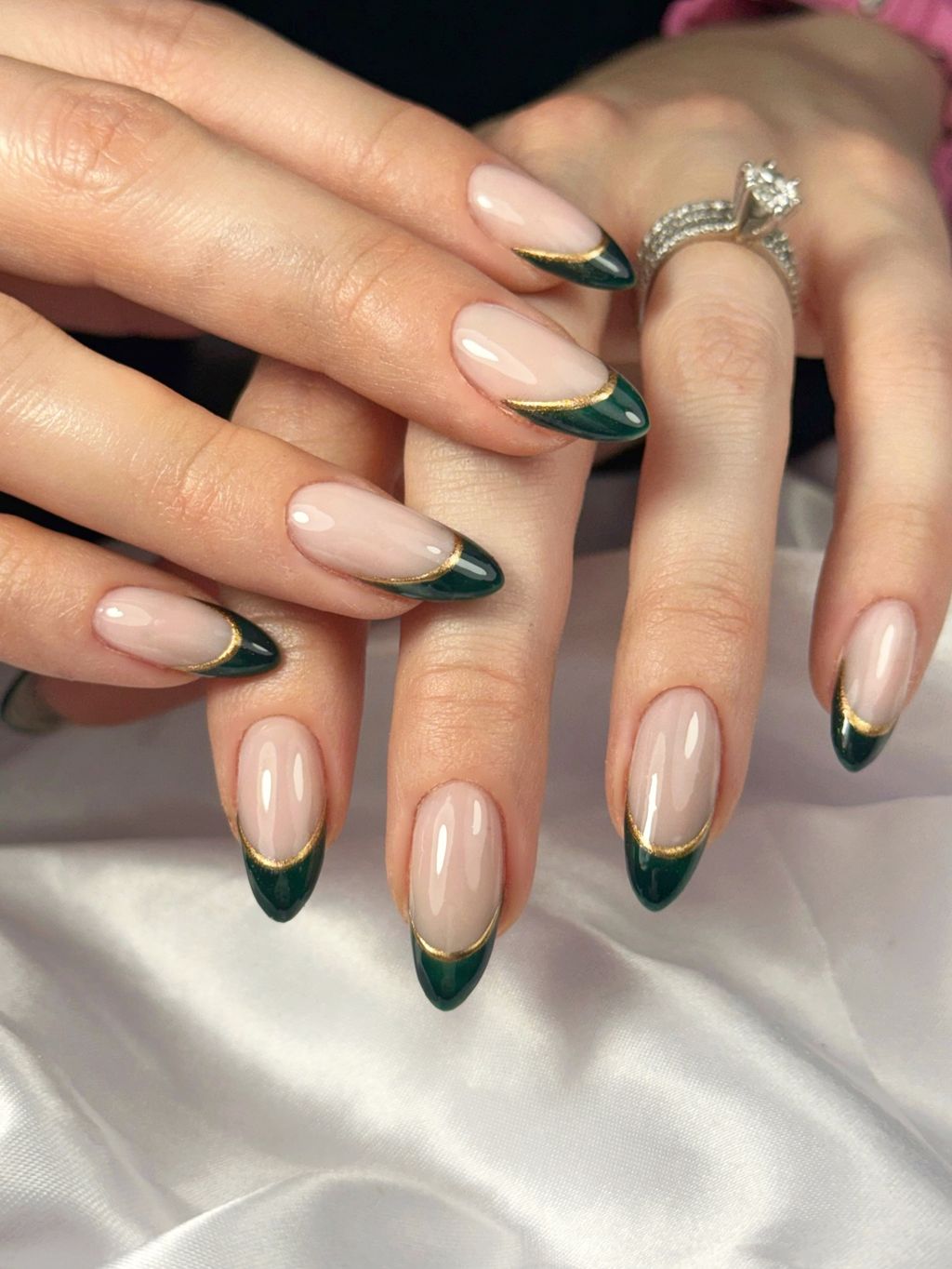 Deep Green French Tip Almond Nails — Green Nails