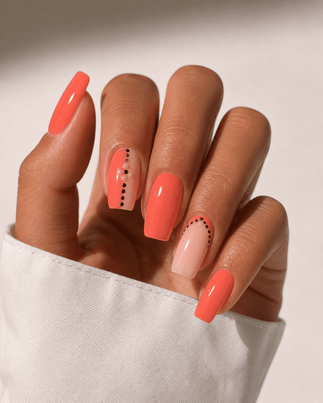 Vibrant Coral with Dot Accents — Nails for Women Over 40