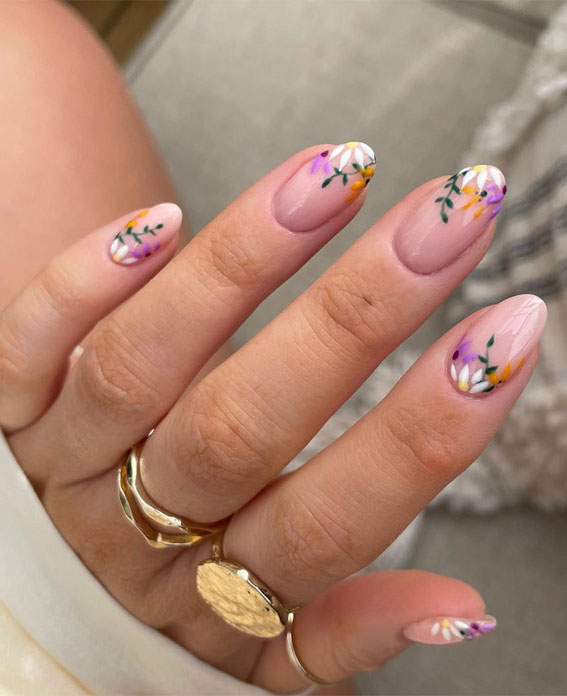 Sheer Pink with Purple Flowers and French Tips Sheer Pink with Purple Flowers and French Tips — Flower Nails