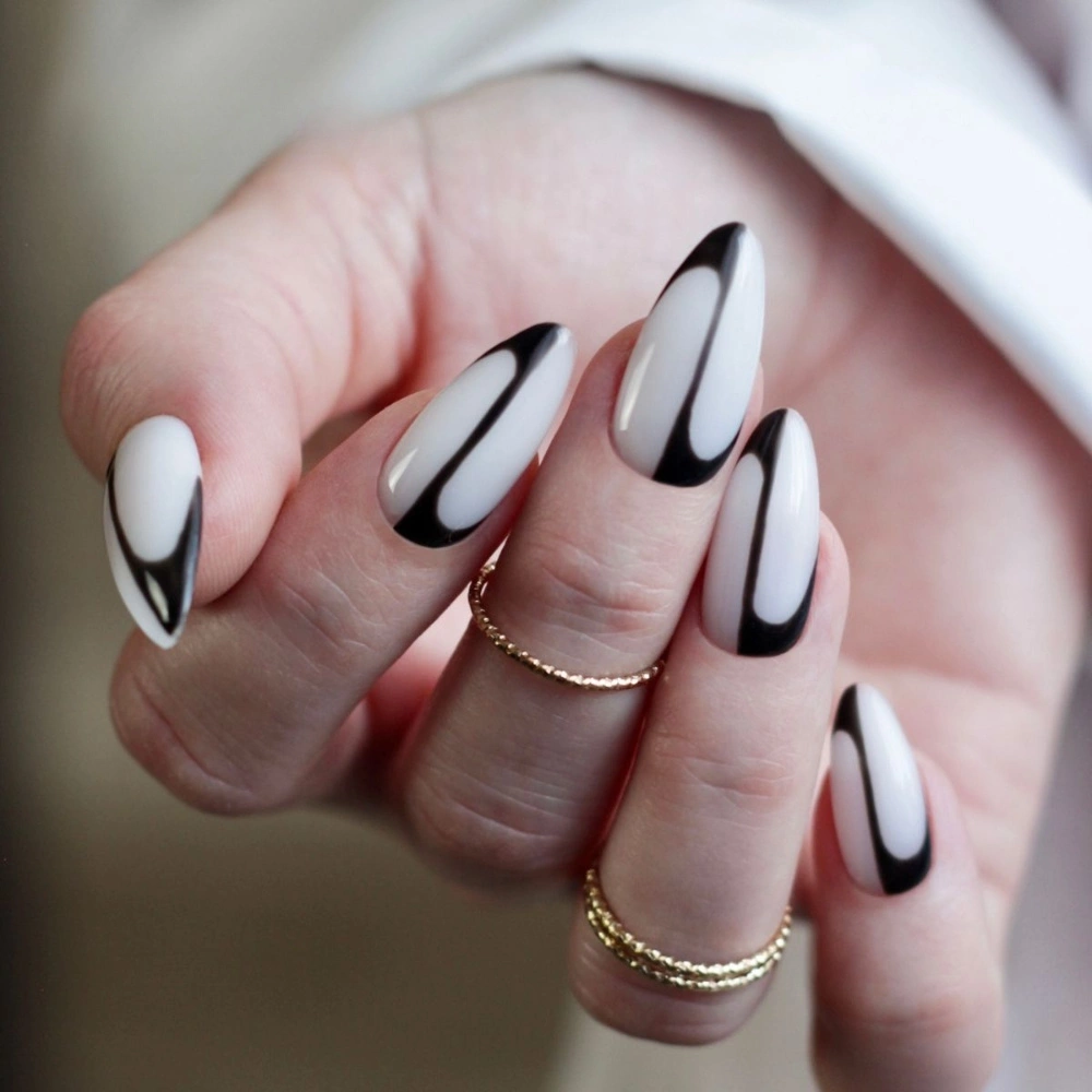 Graphic Curved Line Almond Nails Graphic Curved Line Almond Nails — Black and White Nails