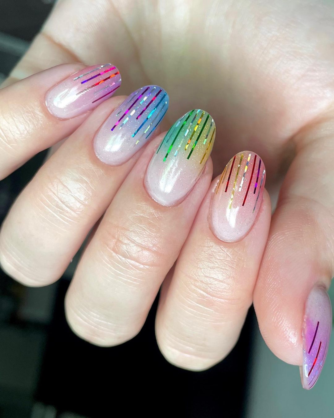 Holographic Rainbow Stripe Oval Nails — Rainbow Nails