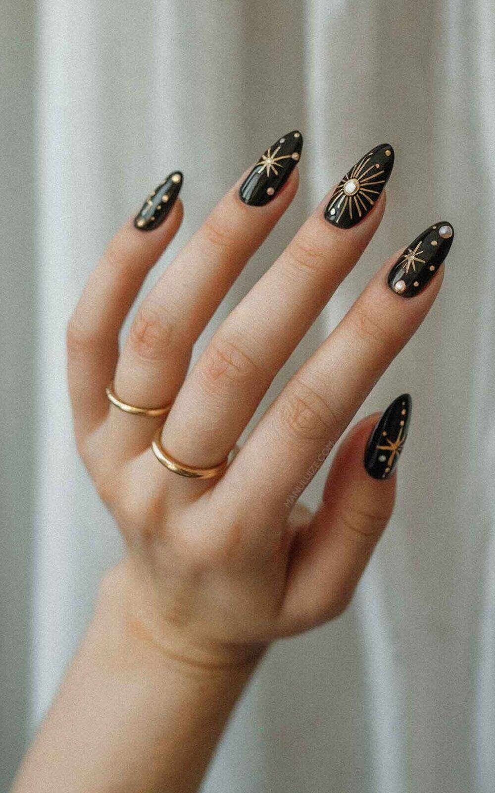 Glossy Black with Celestial Gold Art and Pearls — Black and Gold Nails