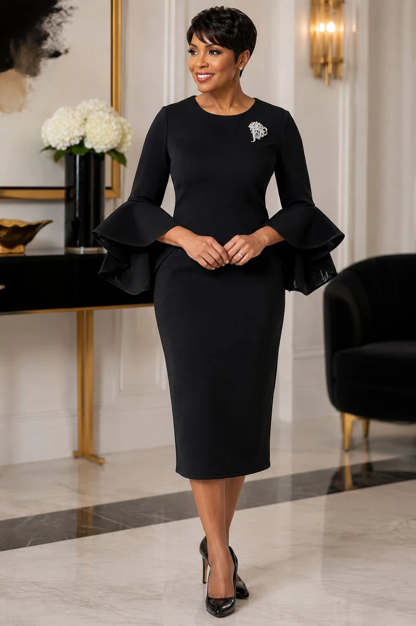 Timeless Sophistication: Black Sheath Dress with Bell Sleeves Timeless Sophistication: Black Sheath Dress with Bell Sleeves — Dressy Outfits