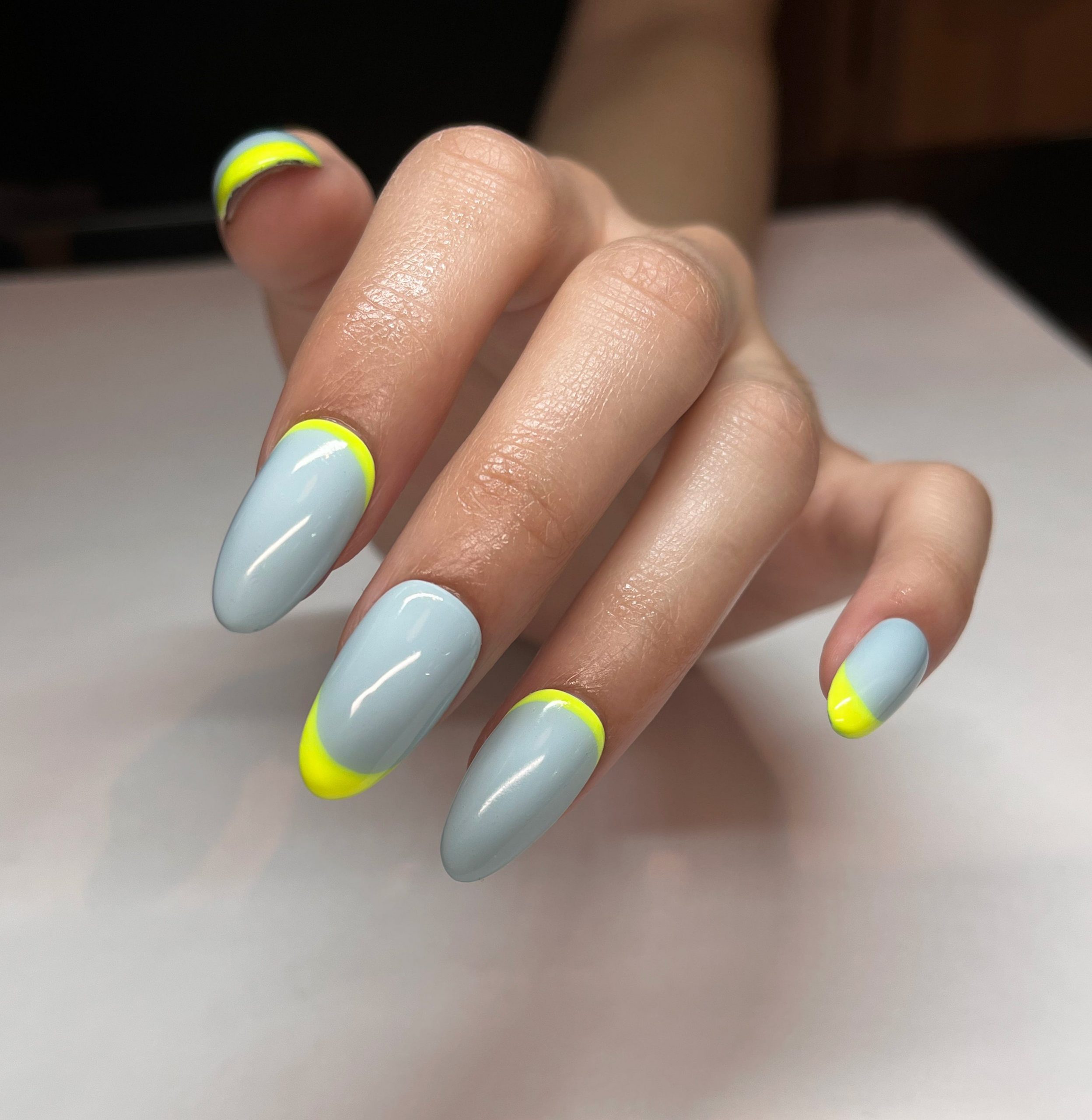 Light Blue French Tips with Yellow Line Accent Light Blue French Tips with Yellow Line Accent — Colored French Tip Nails
