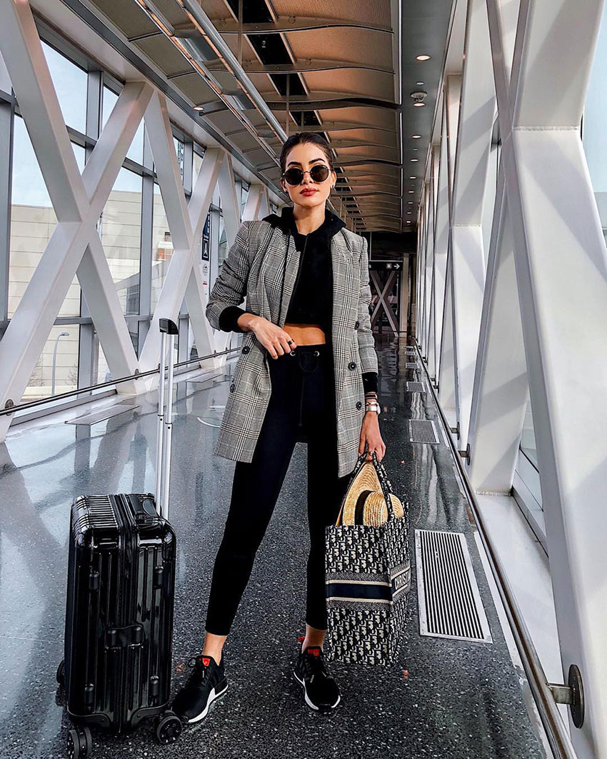 Grey Plaid Blazer Over Hoodie for Casual Airport Chic — Airport Outfits