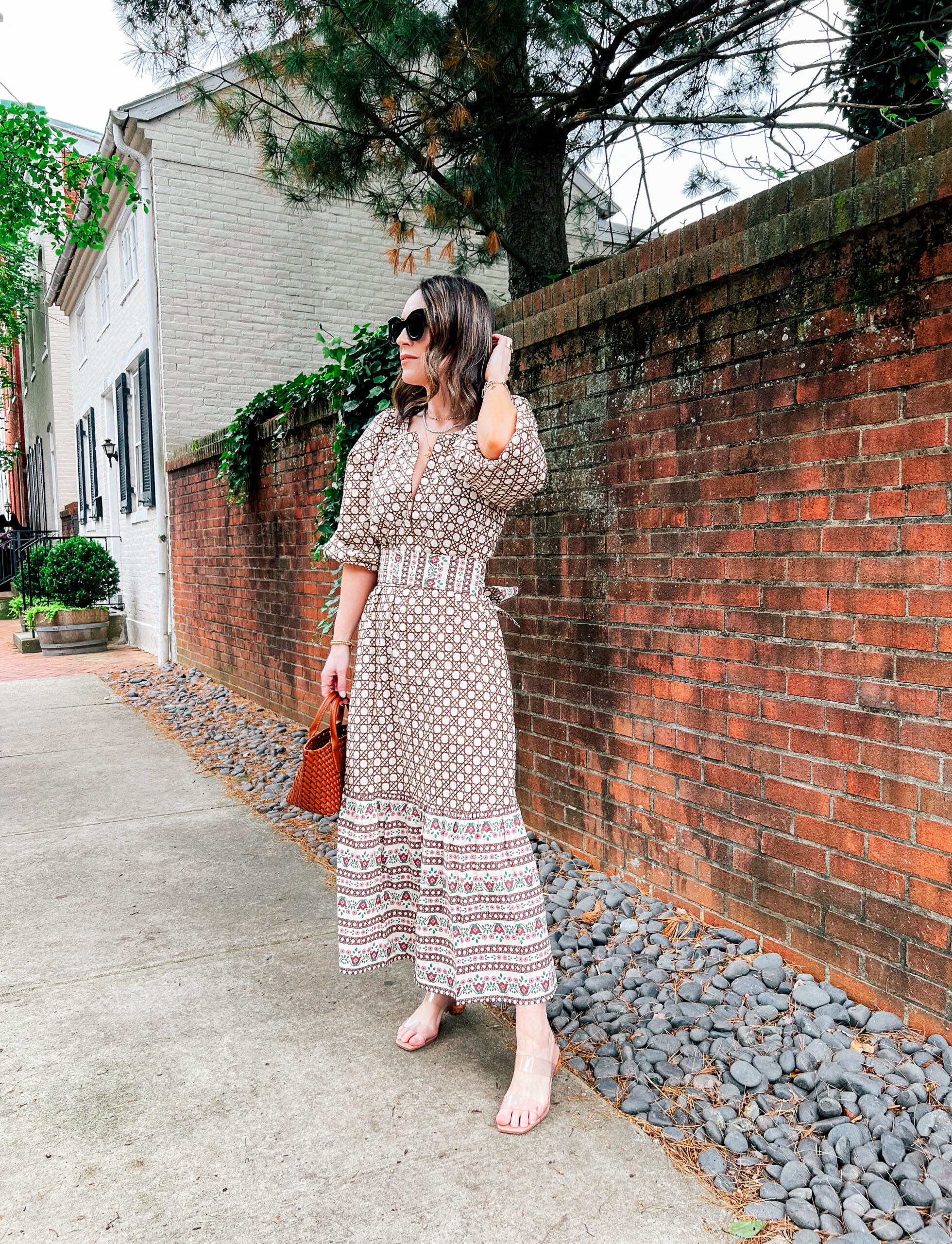 Printed Midi Dress with Clear Strap Heels for Brunch — Brunch Outfits