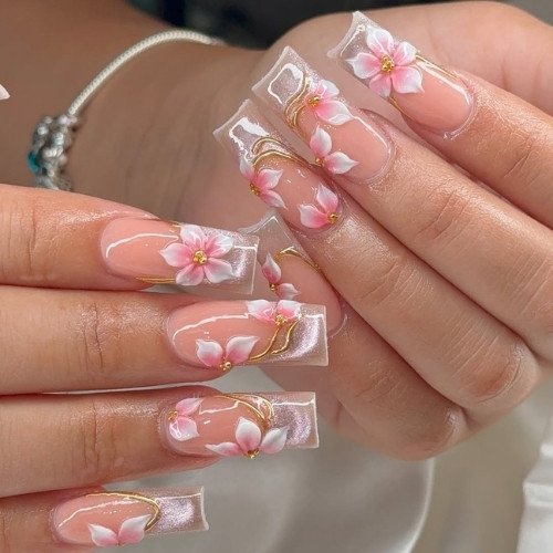 Long Square 3D Floral Embellished Nails — Prom Nails