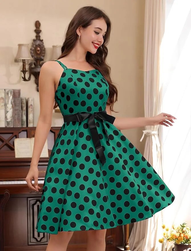 Green Polka Dot Midi Dress with Black Bow Belt — Tea Party Outfits