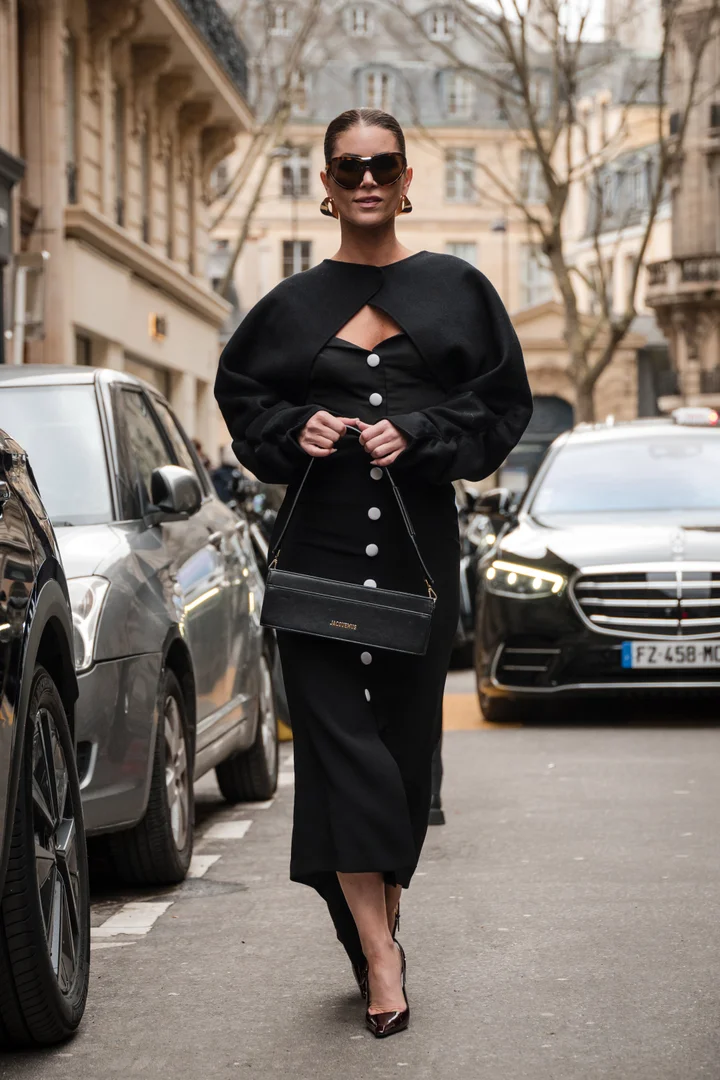 Black Midi Dress with Dramatic Sleeved Bolero Overlay Black Midi Dress with Dramatic Sleeved Bolero Overlay — Paris Outfits