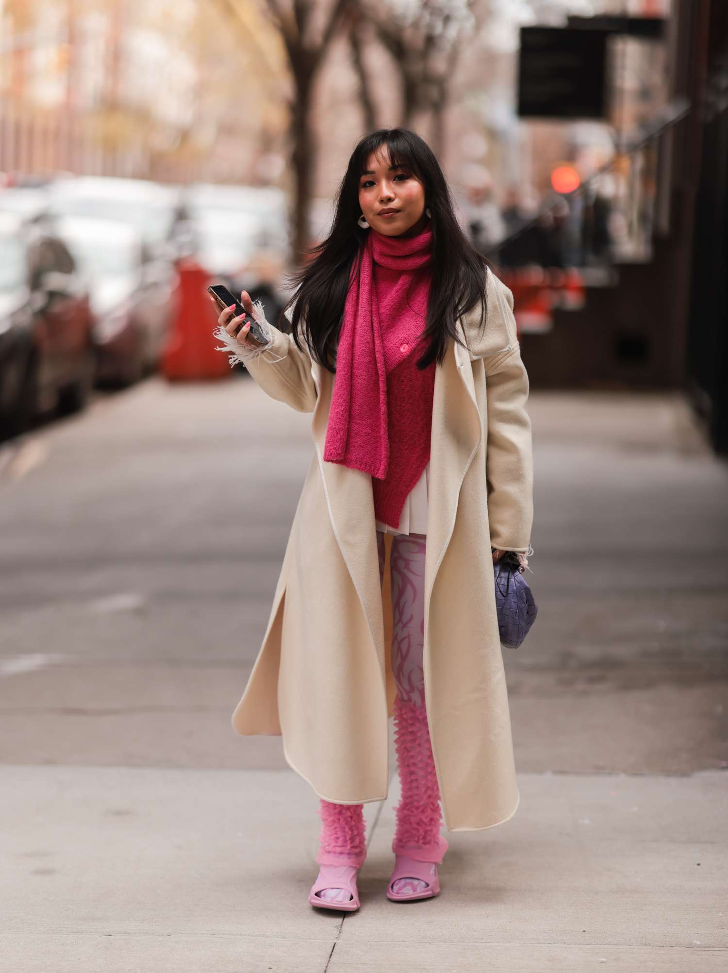 Bold Hot Pink Accents with Cream Long Coat Bold Hot Pink Accents with Cream Long Coat — Korean Outfits