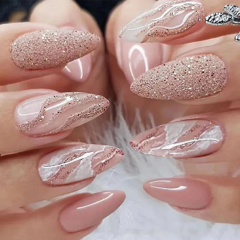 Rose Gold Glitter Marble Almond Nails Rose Gold Glitter Marble Almond Nails — Rose Gold Nails