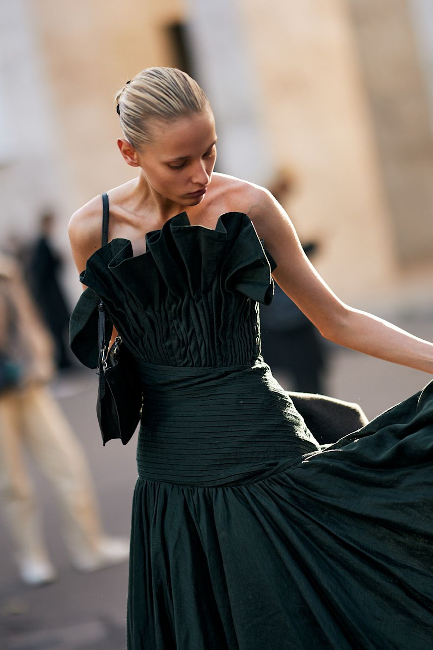 Dramatic Flair: Dark Green Strapless Ruffled Dress Dramatic Flair: Dark Green Strapless Ruffled Dress — Wedding Guest Outfits