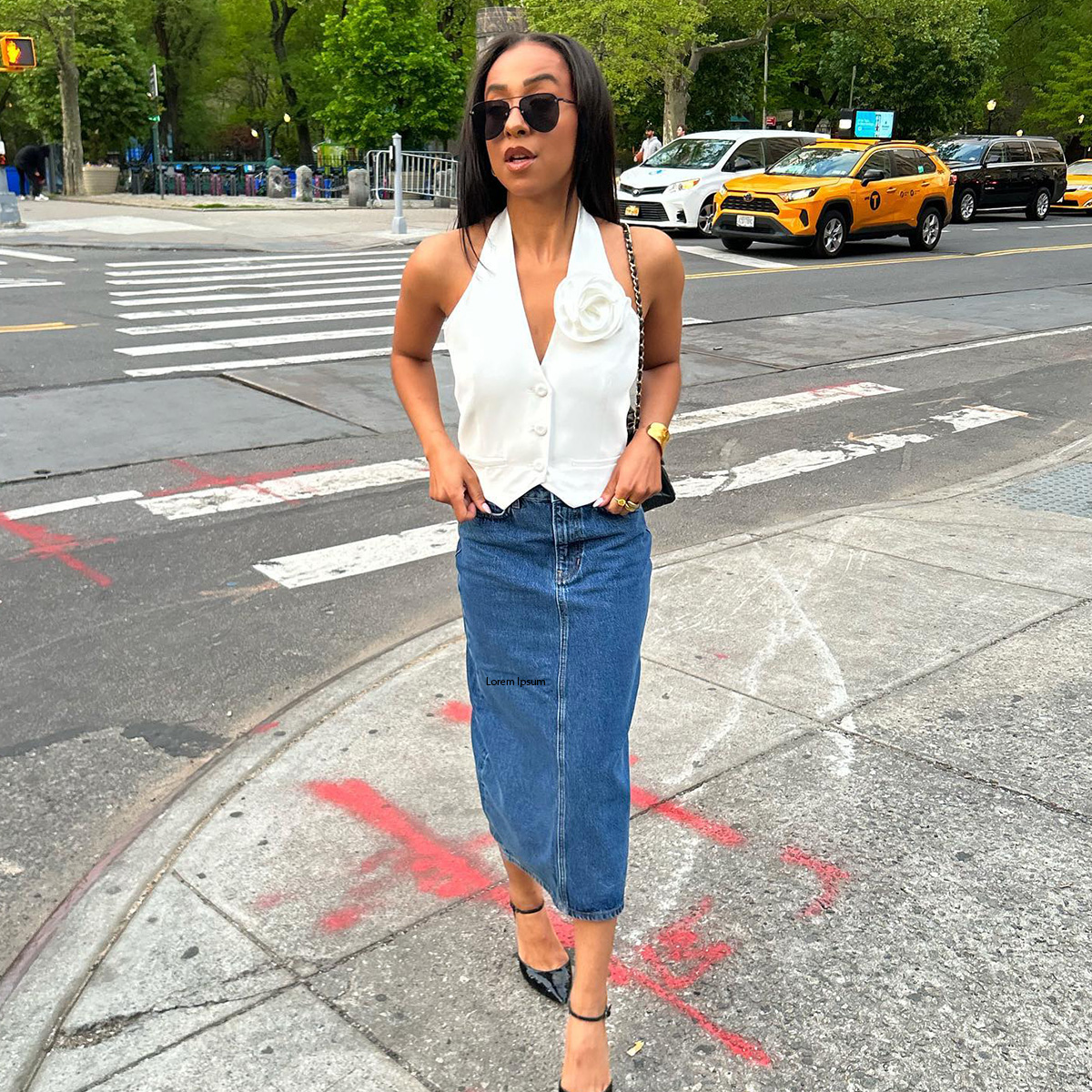 Halter Vest with Floral Detail and Denim Midi Skirt Halter Vest with Floral Detail and Denim Midi Skirt — Petite Outfits