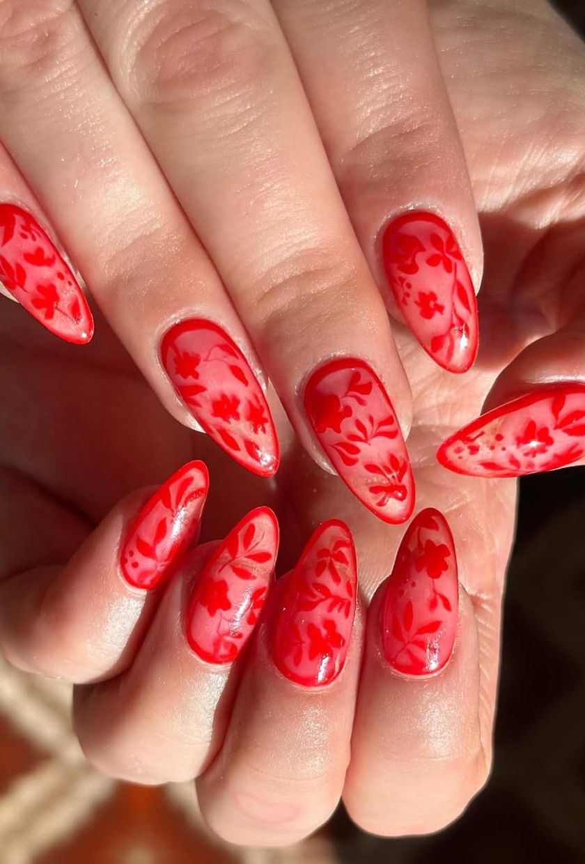 Sheer Red Base With Floral Art — Red Nails