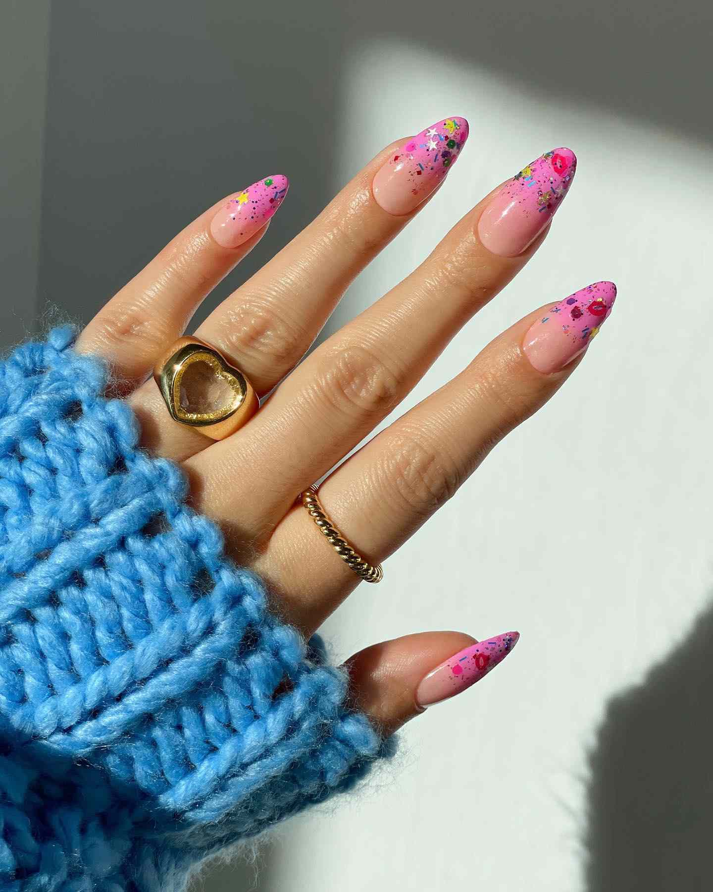 Pink Confetti Speckle Stiletto Nails Pink Confetti Speckle Stiletto Nails — Birthday Nails