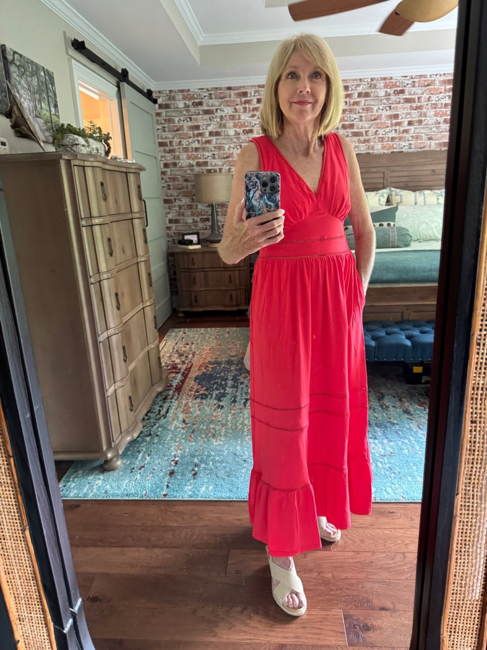 Summer Day Out: Vibrant Coral Maxi Dress with Espadrilles Summer Day Out: Vibrant Coral Maxi Dress with Espadrilles — Outfits for Women Over 60