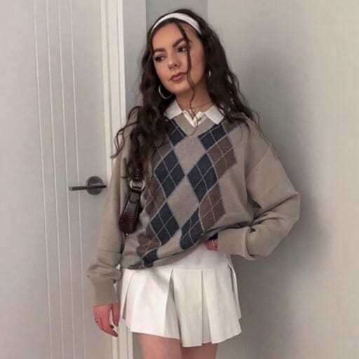 Argyle Sweater Vest Layered Over a Collared Shirt with Mini Skirt — Light Academia Outfits
