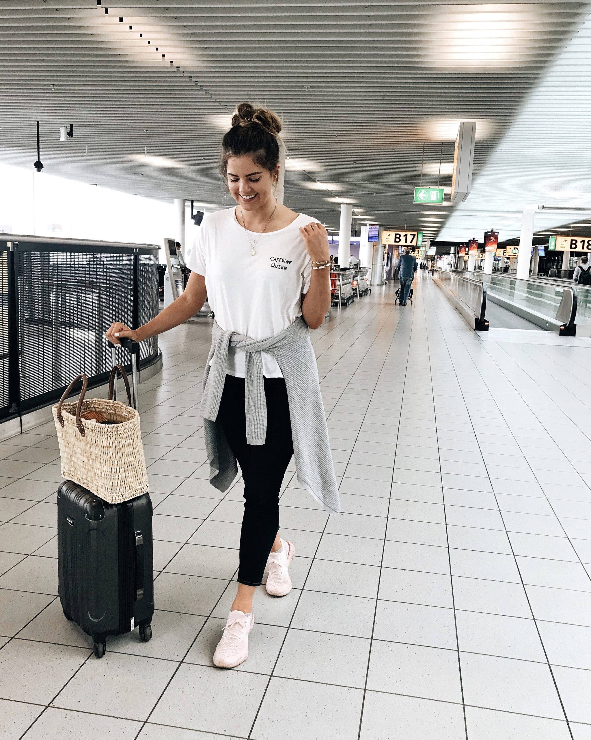 White Tee and Slim Pants with Cardigan Tied at Waist — Travel Outfits
