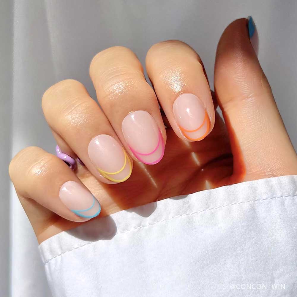 Thin Colored Lines Along The Smile Line Visual Idea — Neon Nails